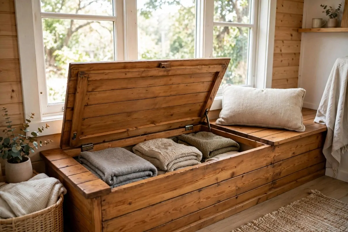 Wooden window bench seat with the lift-up lid open showing storage inside