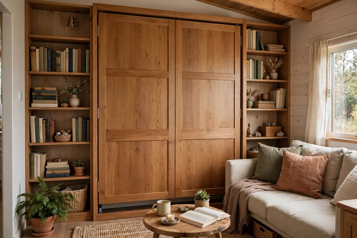 Murphy wall bed with built-in side shelving in a tiny house
