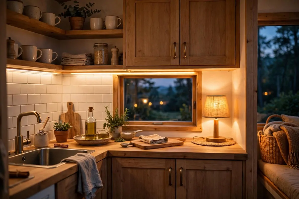 Tiny house kitchen at dusk with warm layered lighting and under-cabinet LEDs