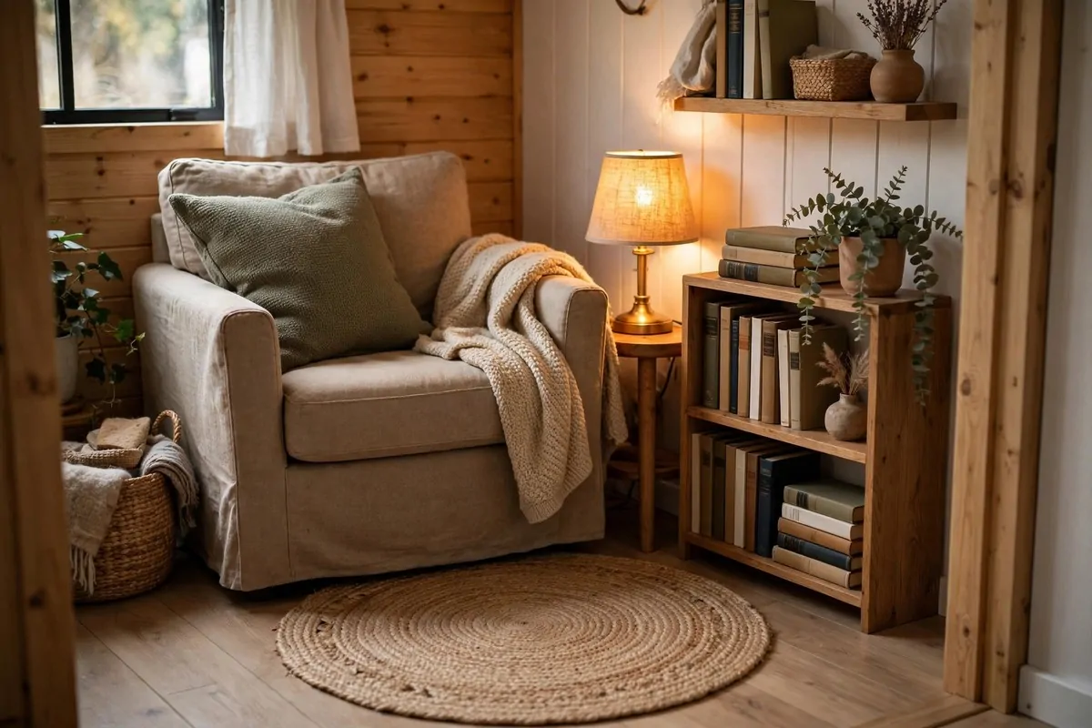 Cozy reading corner in a tiny house zoned by a small round rug