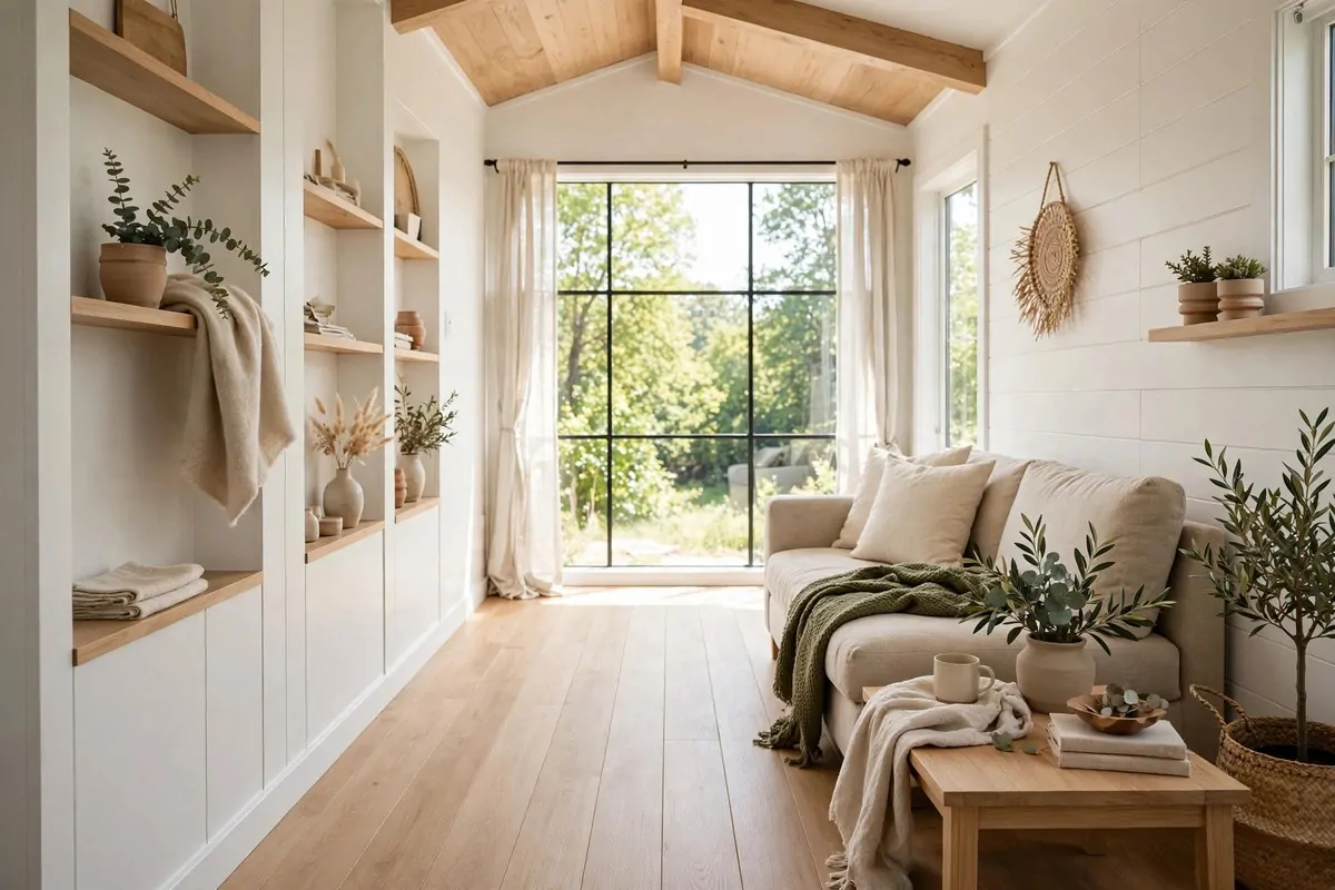 Tiny house living room with light wood floors running toward a bright window