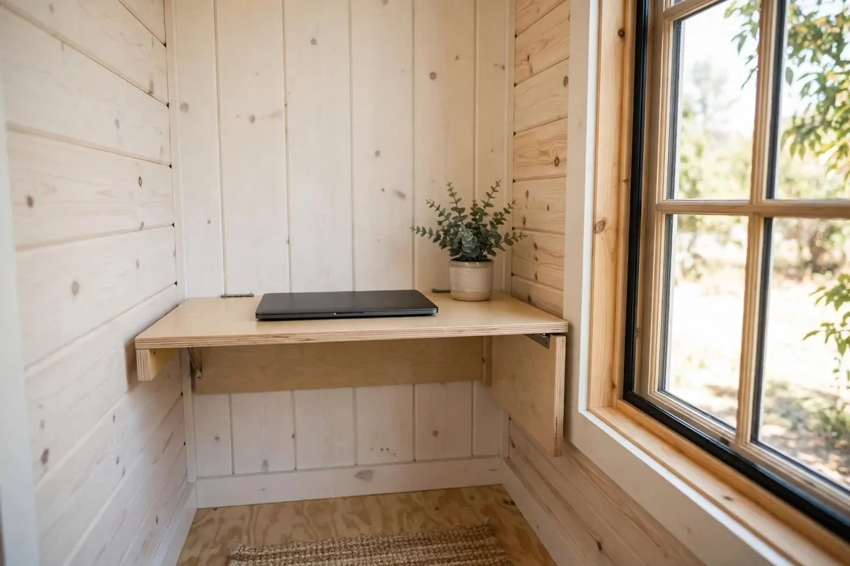 Tiny pocket home office corner with a fold-down desk in a tiny house