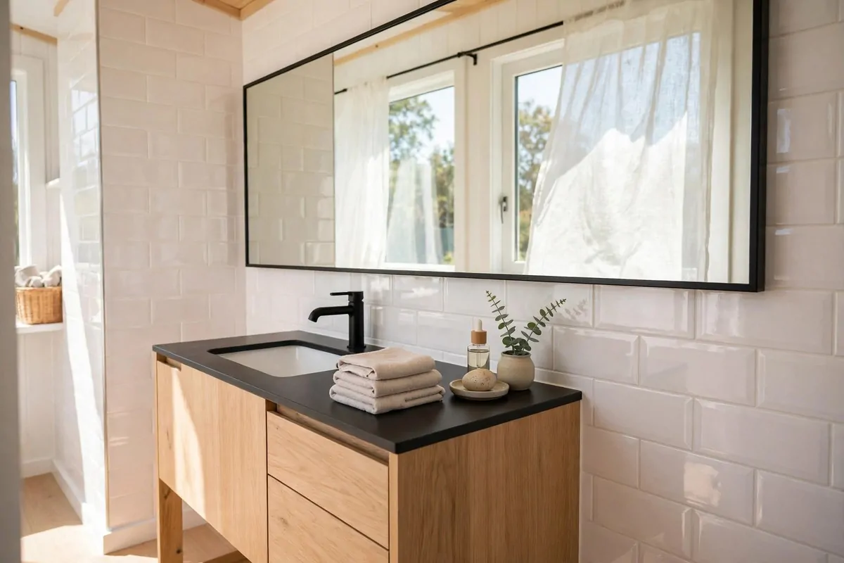 Bright tiny house bathroom vanity with a wide mirror and light tiles