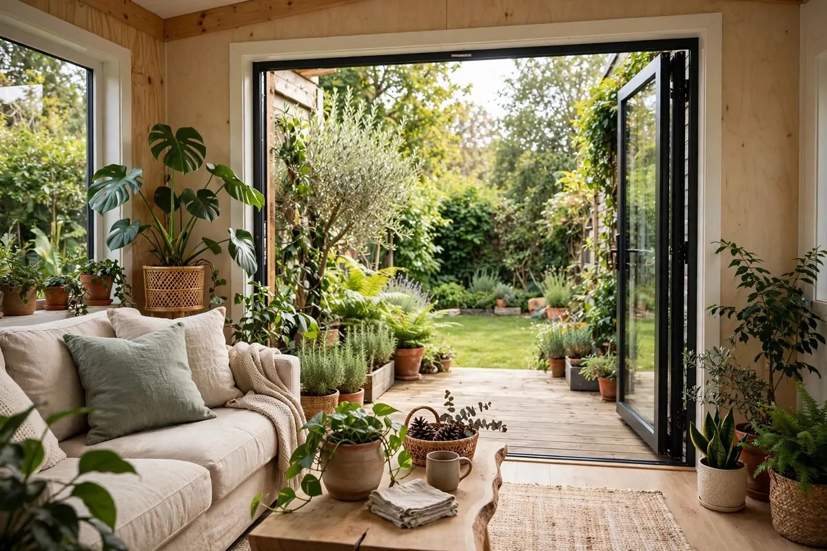 Tiny house living room with glass doors open onto a green garden deck