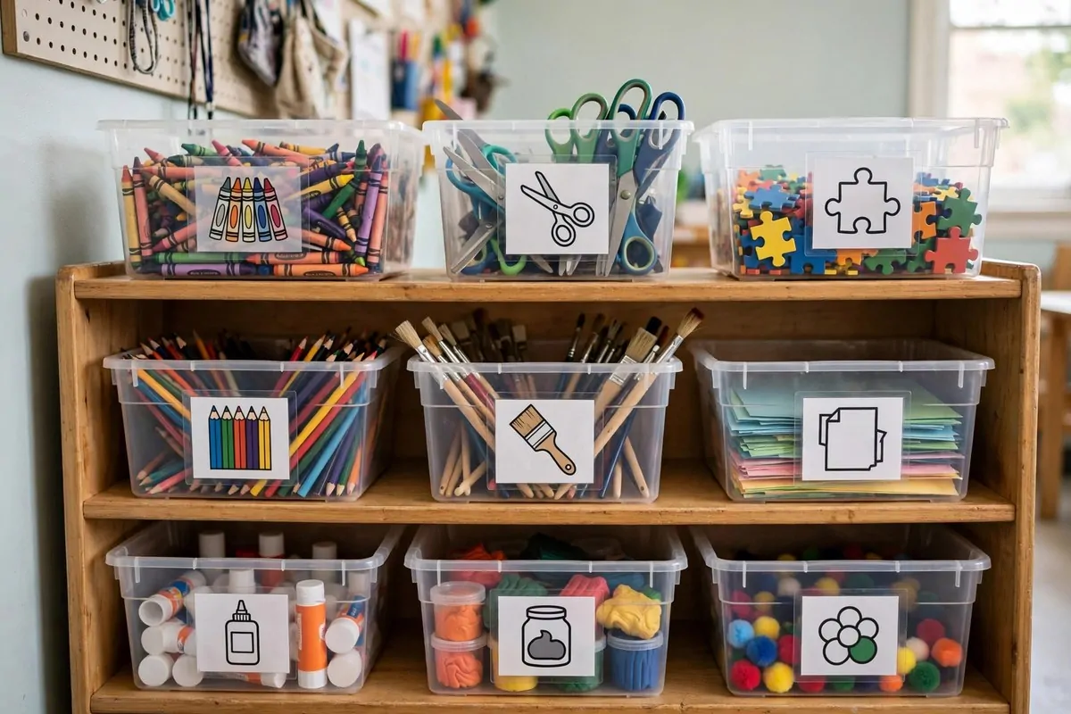 Color-coded subject bins in red, blue and green on a classroom shelf