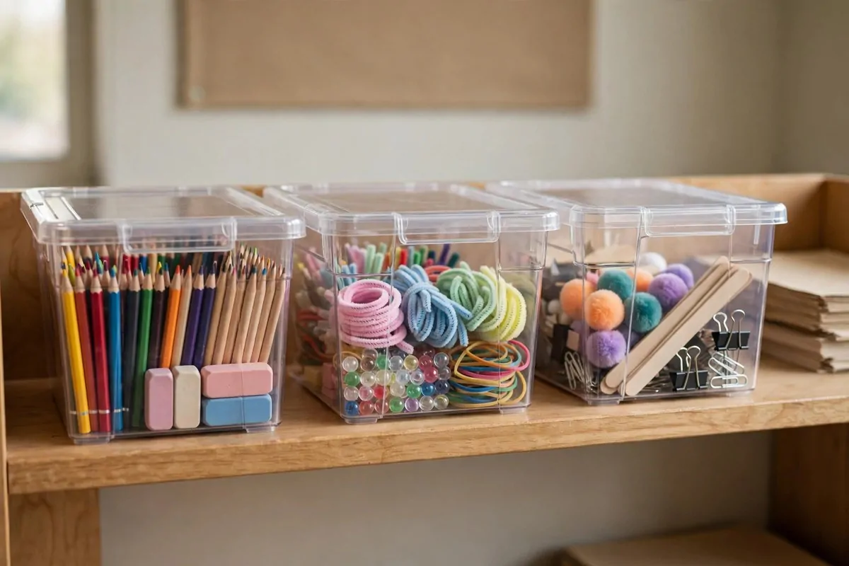 Drawer unit labeled Monday through Friday holding weekly lesson copies