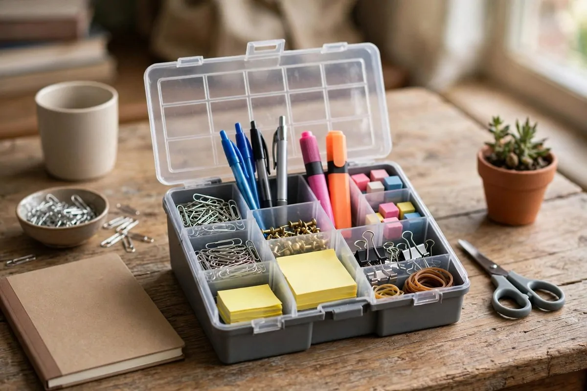 Plastic tub labeled for substitute teachers holding lesson plans and emergency activities