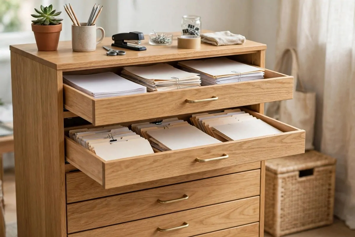 Clear transparent storage bins on a classroom shelf showing supplies inside