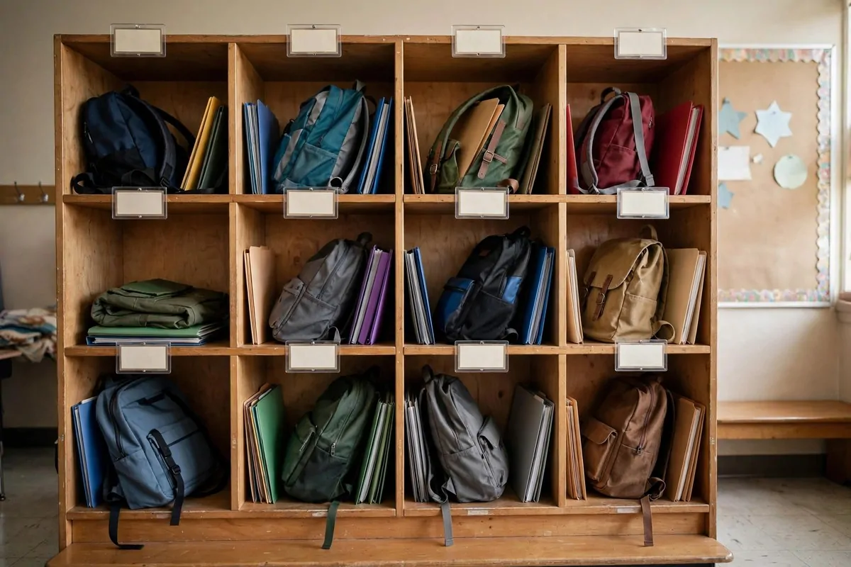 Open-front storage bins stacked on a classroom shelf for easy grab-and-go access