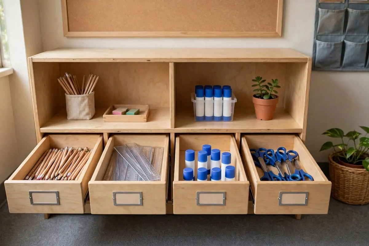 Classroom supply station with labeled drawers for pencils, rulers and glue