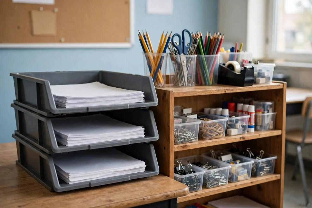 Finished work station with labeled trays for turned-in assignments