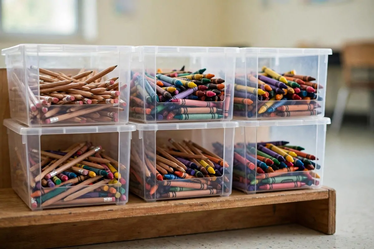 Student cubbies with name labels holding backpacks and folders