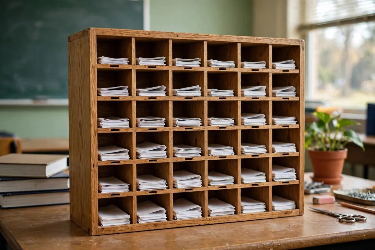 Wooden mailbox sorter with slots for returning graded papers