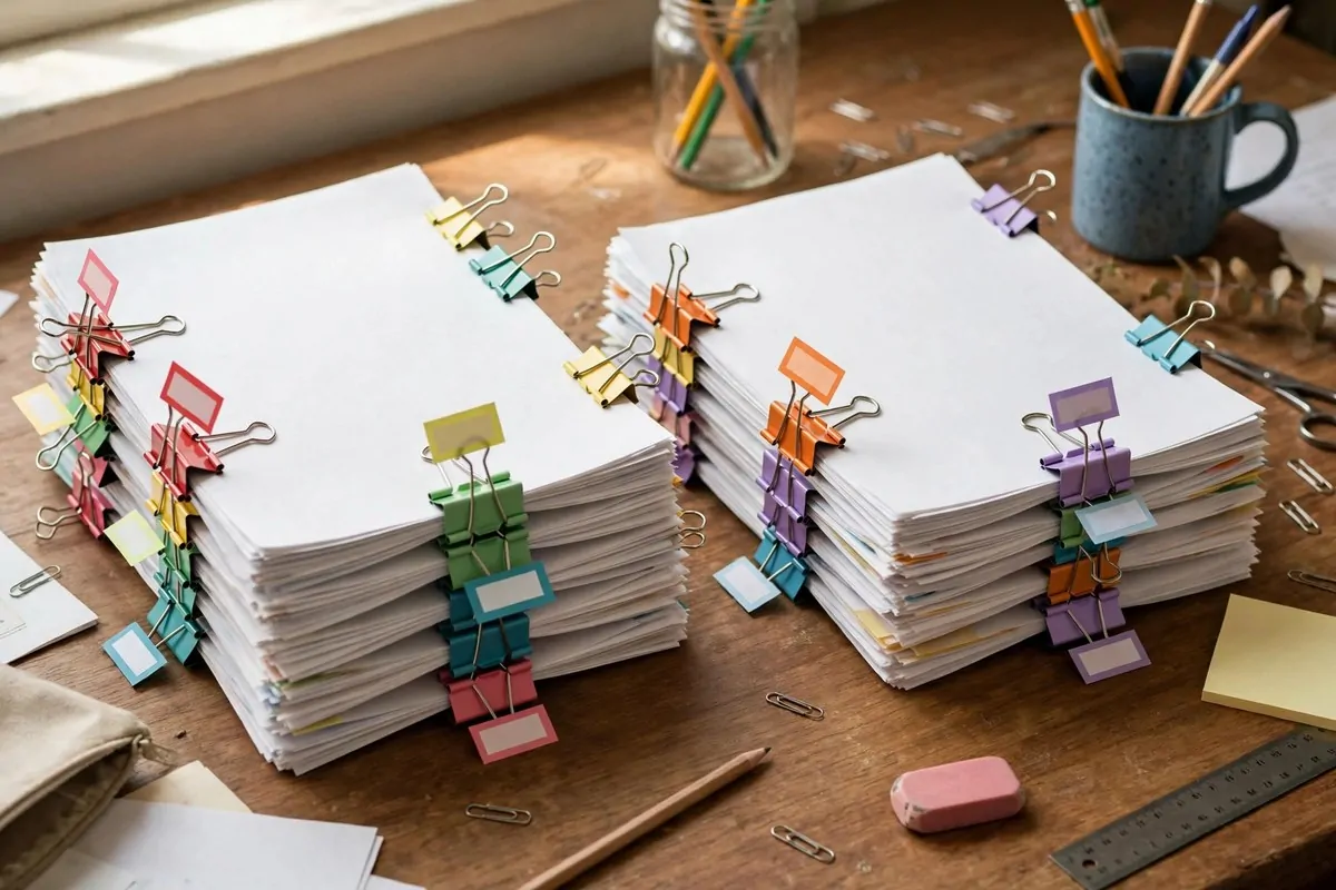 Labeled binder clips sorting classroom papers into to-grade and to-file piles