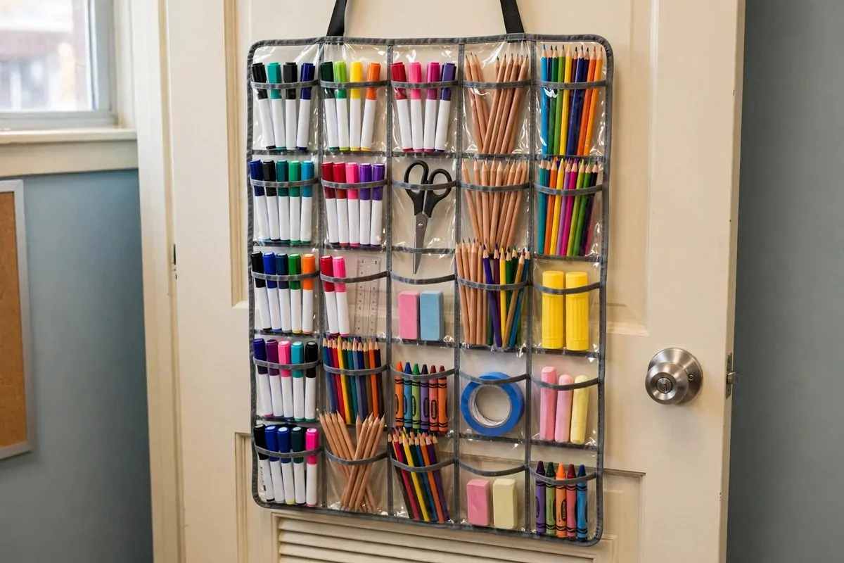 Over-the-door shoe organizer holding dry-erase markers and art supplies in a classroom