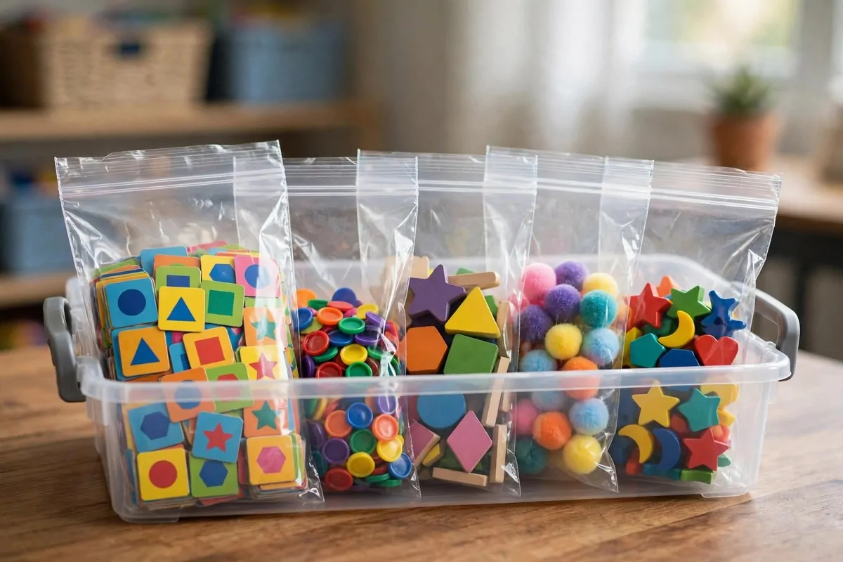 Ziplock bags holding game cards and small learning pieces, stored in a bin