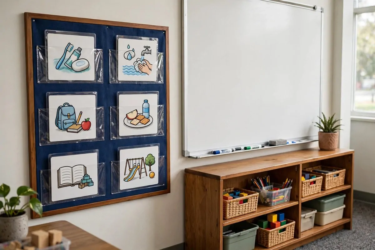 Classroom word wall with alphabet cards and vocabulary words at student eye level