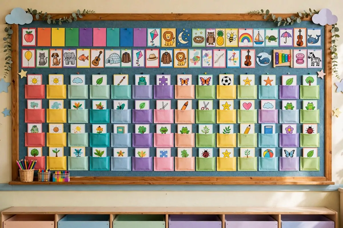 Visual daily schedule board with routine cards in a classroom