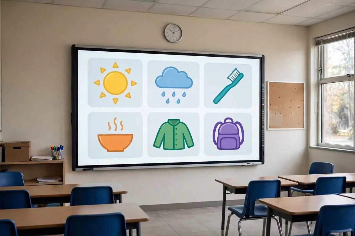 Classroom job chart with cleanup roles for students on a wall
