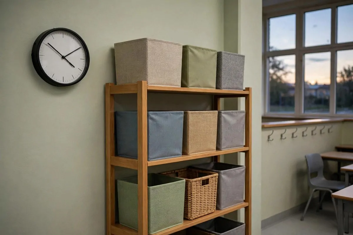 Classroom wall clock next to a tidy shelf, end-of-day reset scene