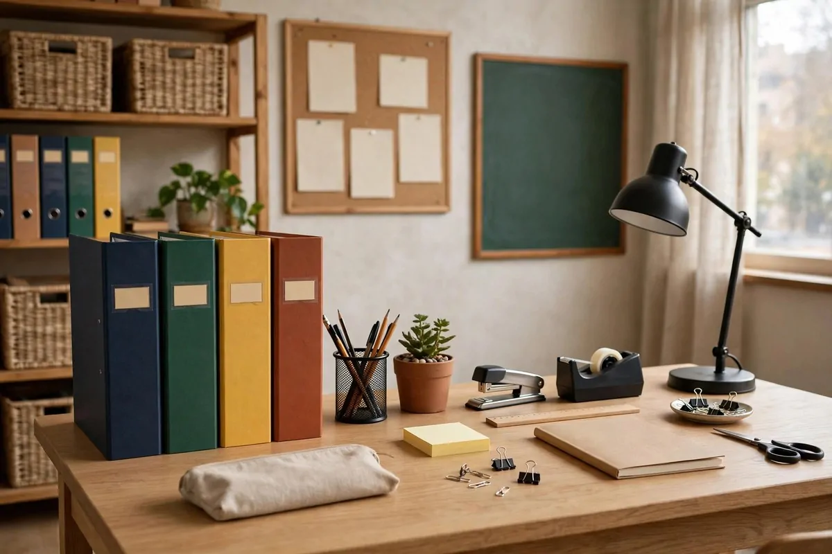 Neat teacher desk with labeled binders and an organized workspace