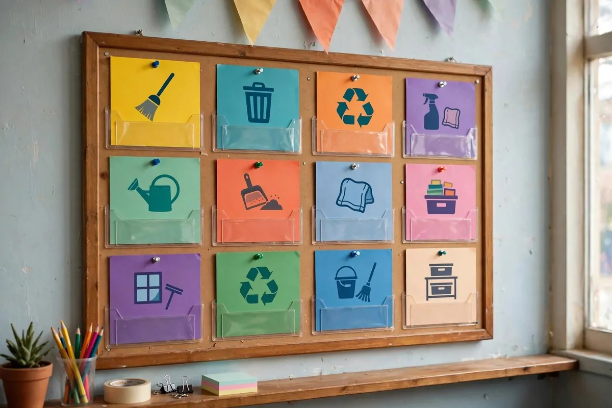 Interactive whiteboard in a classroom showing a colorful morning routine display