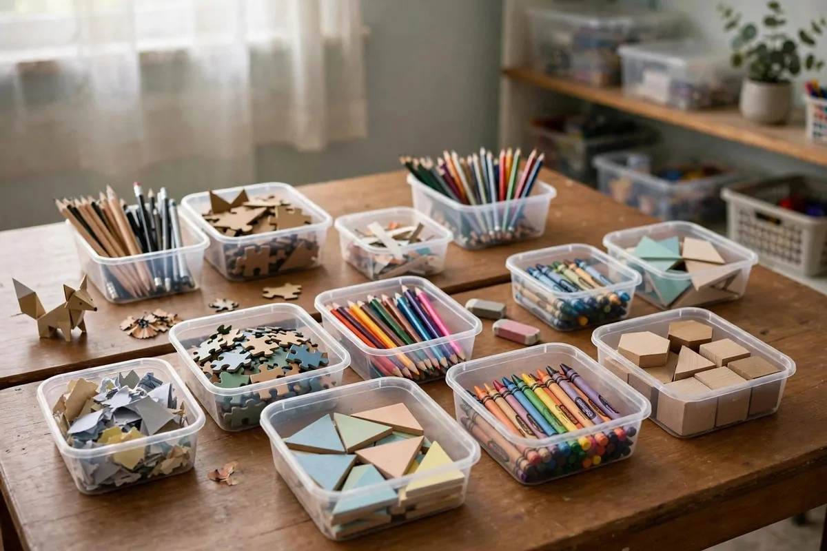 Small basket of extra classroom supplies near the teacher desk