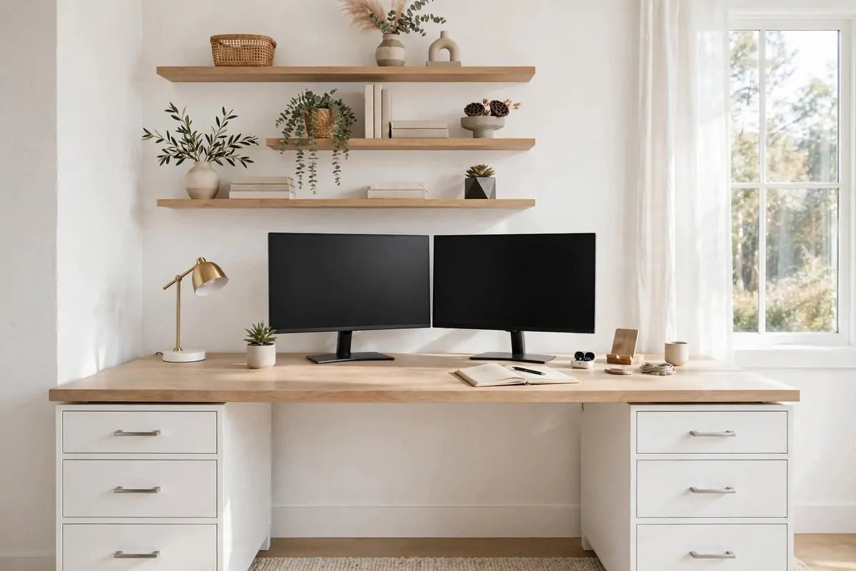 27 Ikea Office Ideas That Look Custom-Made 1 White home office desk made from IKEA ALEX drawer units with a light wood LAGKAPTEN top