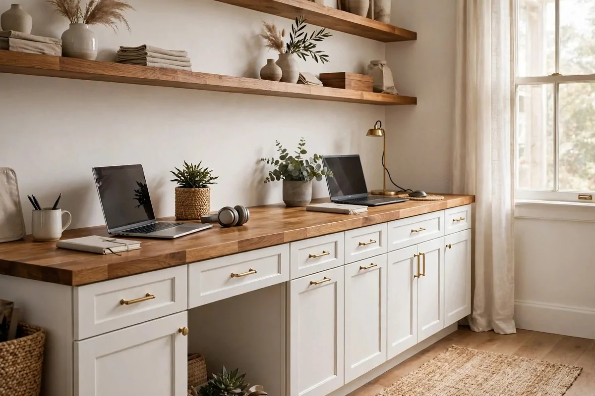 27 Ikea Office Ideas That Look Custom-Made 4 Home office desk built from IKEA SEKTION kitchen cabinets with a butcher block countertop