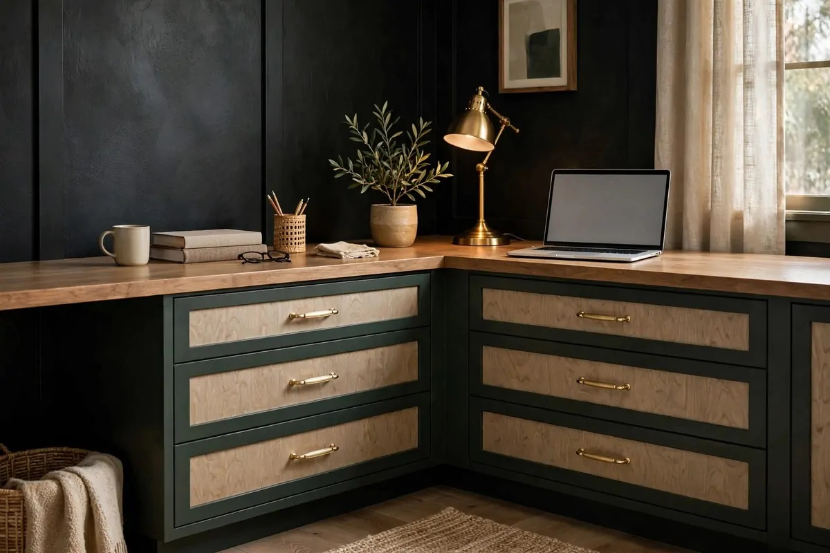 27 Ikea Office Ideas That Look Custom-Made 6 IKEA ALEX drawers dressed up with plywood fronts and champagne gold pulls