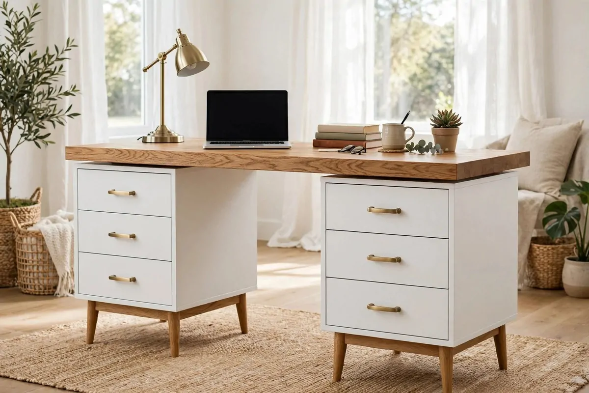 27 Ikea Office Ideas That Look Custom-Made 7 Home office desk built on two white IKEA MALM dressers with a wood desktop and brass pulls
