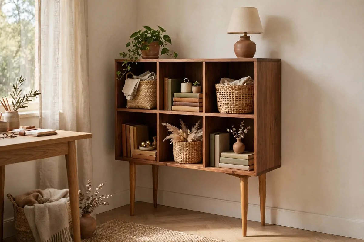 27 Ikea Office Ideas That Look Custom-Made 8 IKEA KALLAX shelf on tall tapered legs styled as a credenza in a home office