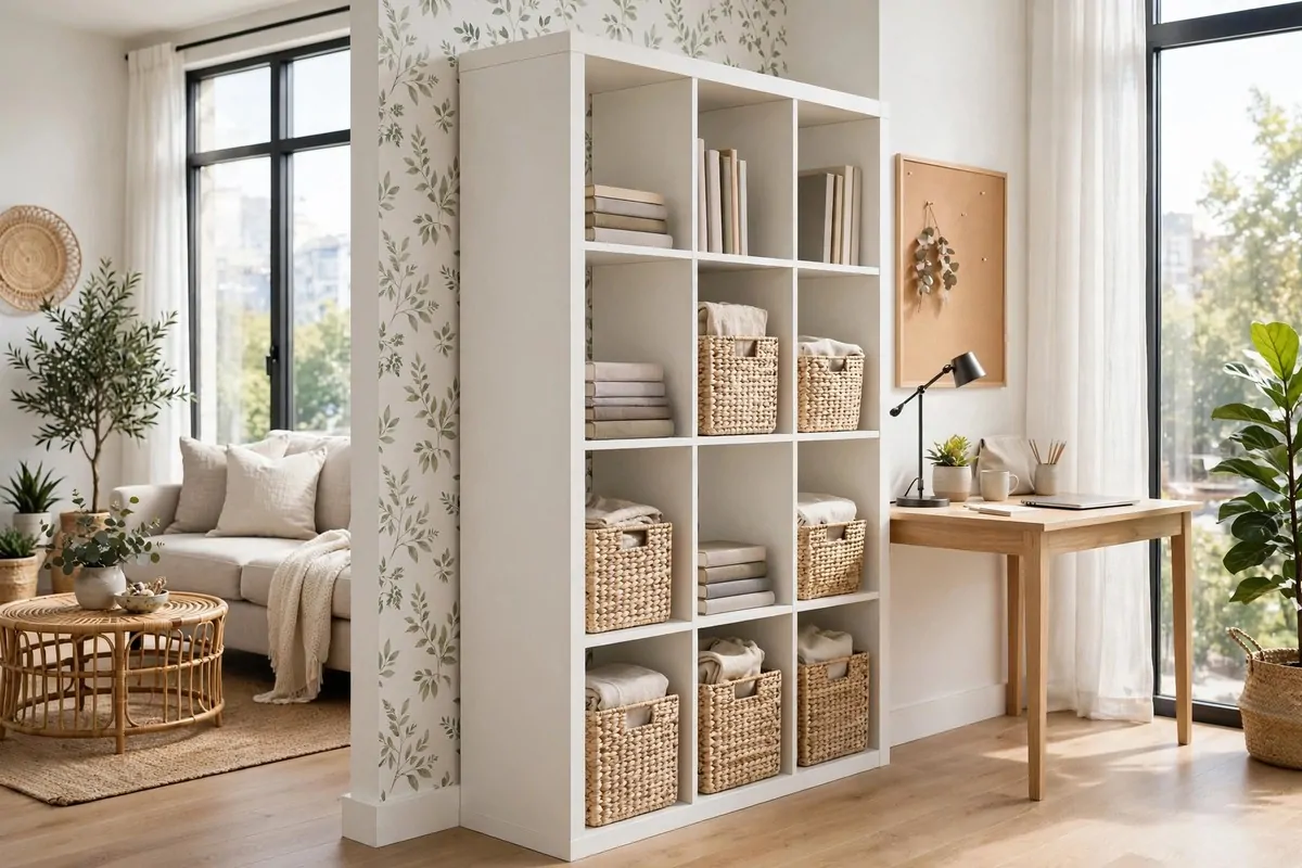 27 Ikea Office Ideas That Look Custom-Made 9 IKEA KALLAX room divider with a wallpapered back panel in a bright office corner
