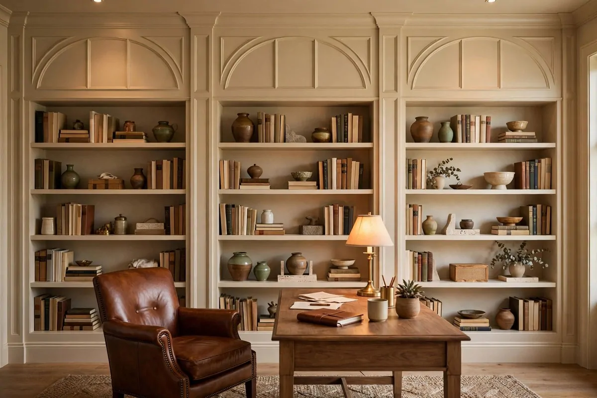 27 Ikea Office Ideas That Look Custom-Made 10 IKEA BILLY bookcases with arched MDF panels painted cream in a home office