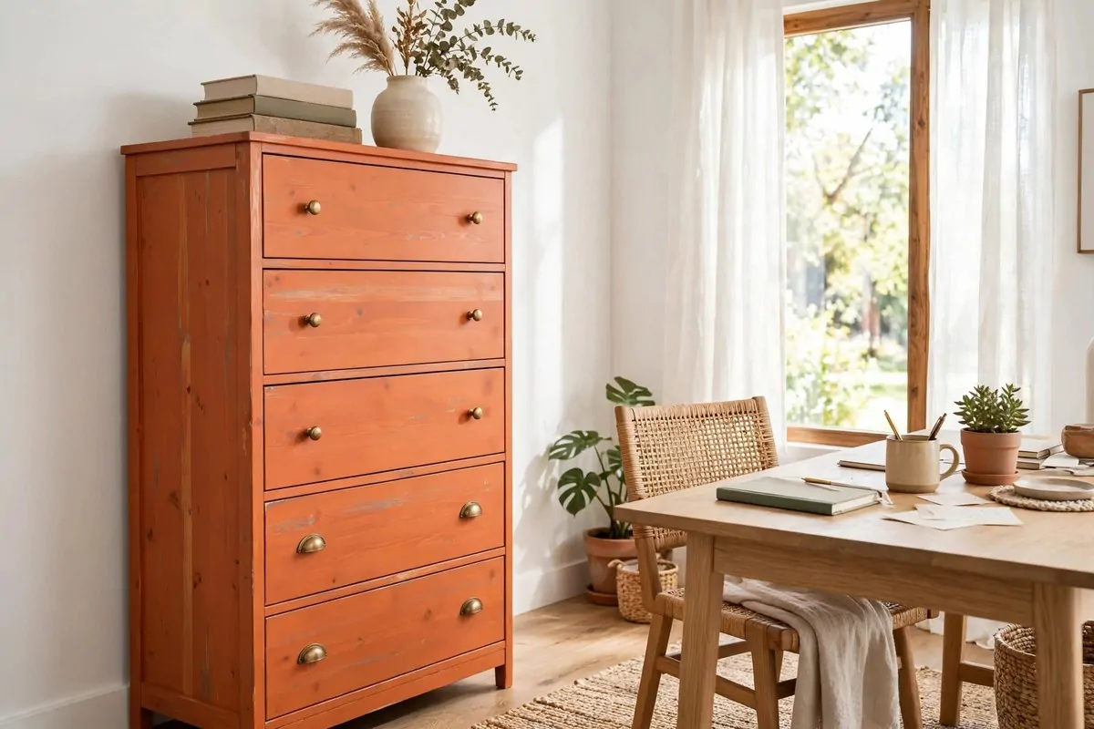 27 Ikea Office Ideas That Look Custom-Made 11 IKEA IVAR pine storage cabinet painted terracotta in a bright home office