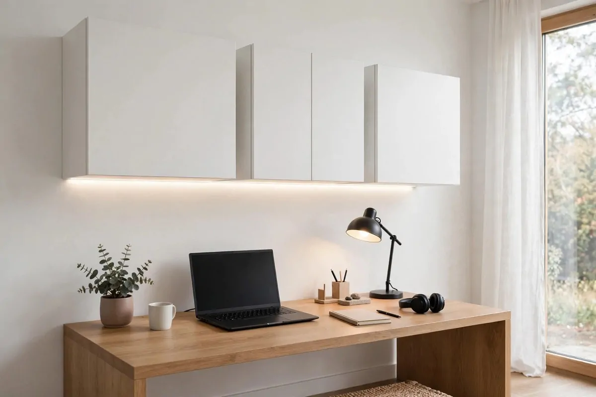 27 Ikea Office Ideas That Look Custom-Made 12 Floating IKEA EKET wall cabinets mounted above a home office desk