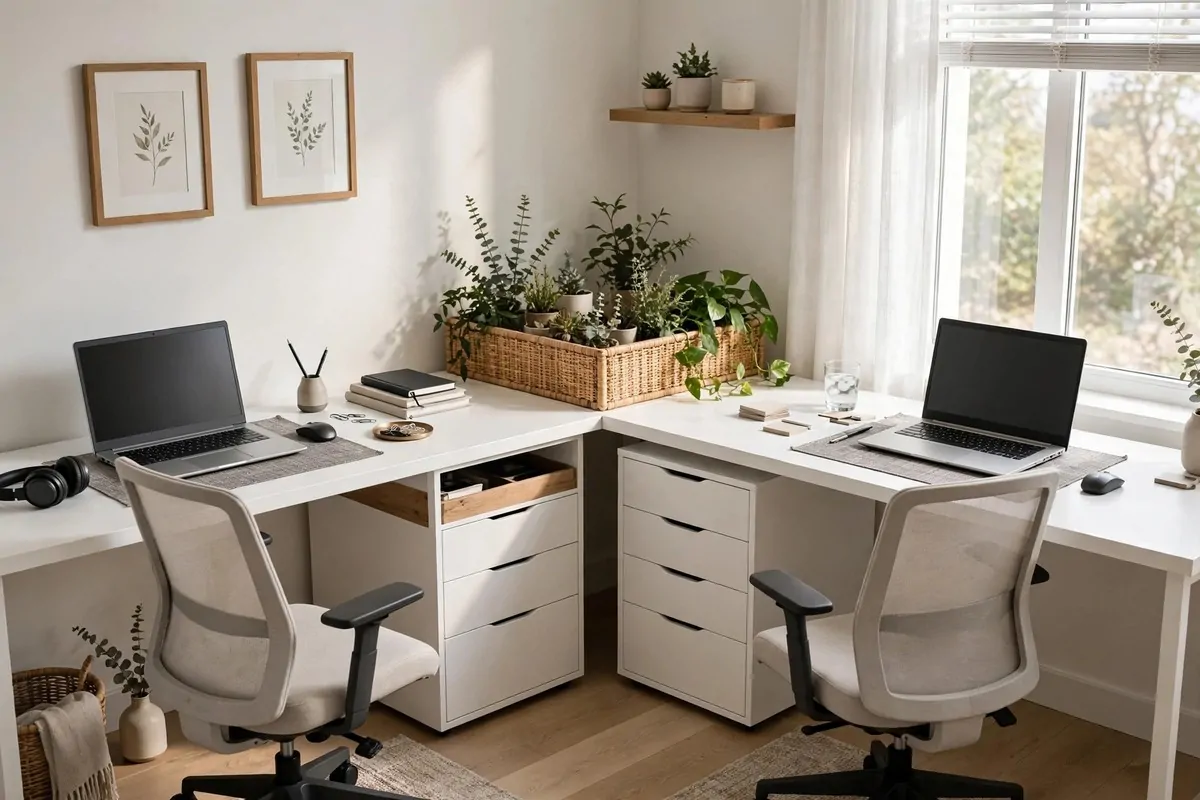 27 Ikea Office Ideas That Look Custom-Made 17 Corner home office with an IKEA BEKANT desk set up for two people