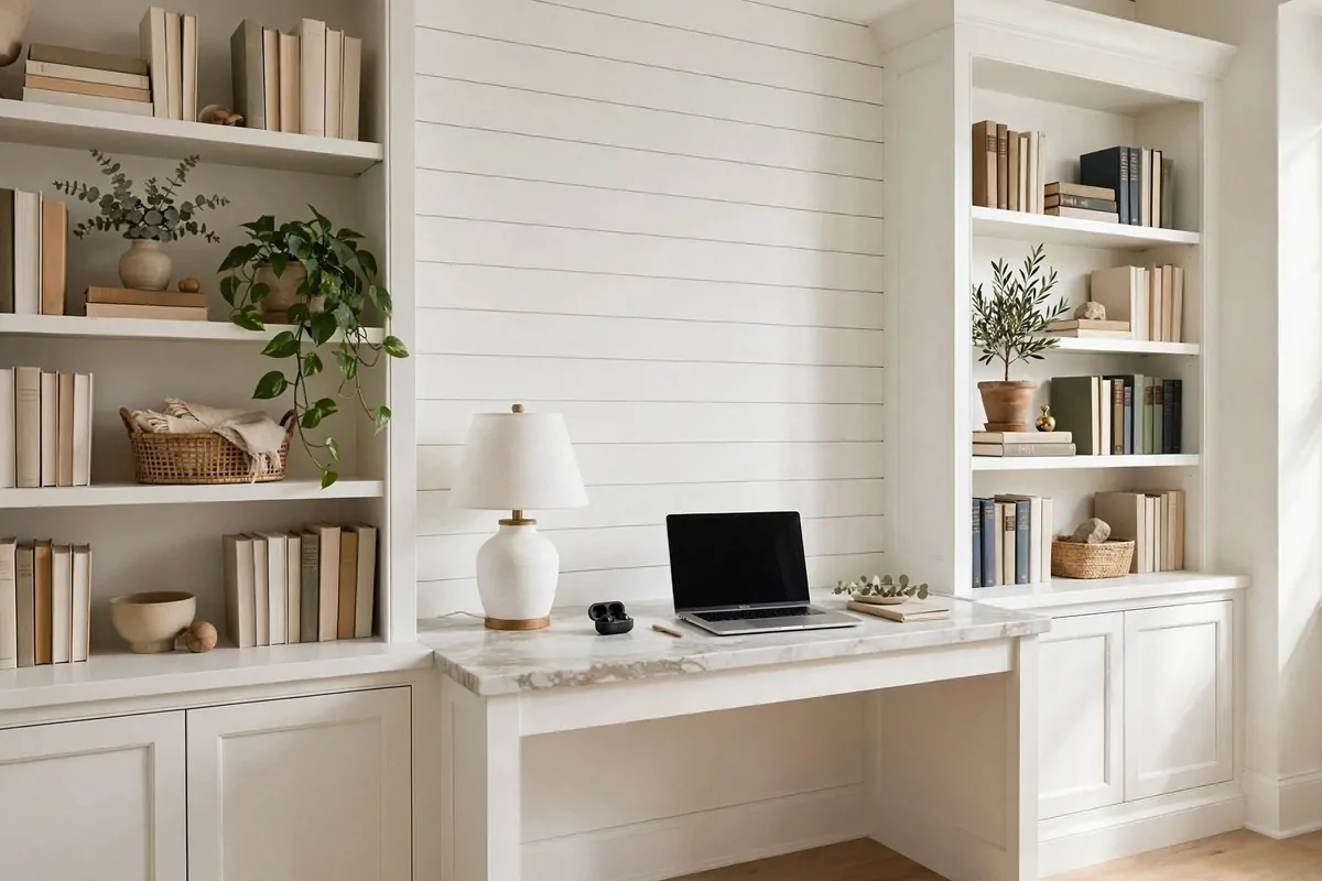 27 Ikea Office Ideas That Look Custom-Made 18 Home office nook with shiplap wall, IKEA BILLY bookcases and a marble-look desktop