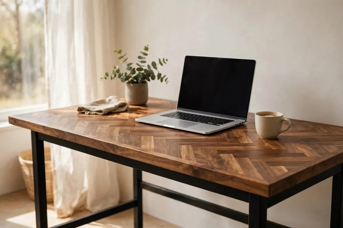 27 Ikea Office Ideas That Look Custom-Made 19 Home office desk with a herringbone paint-stick wood desktop and black legs