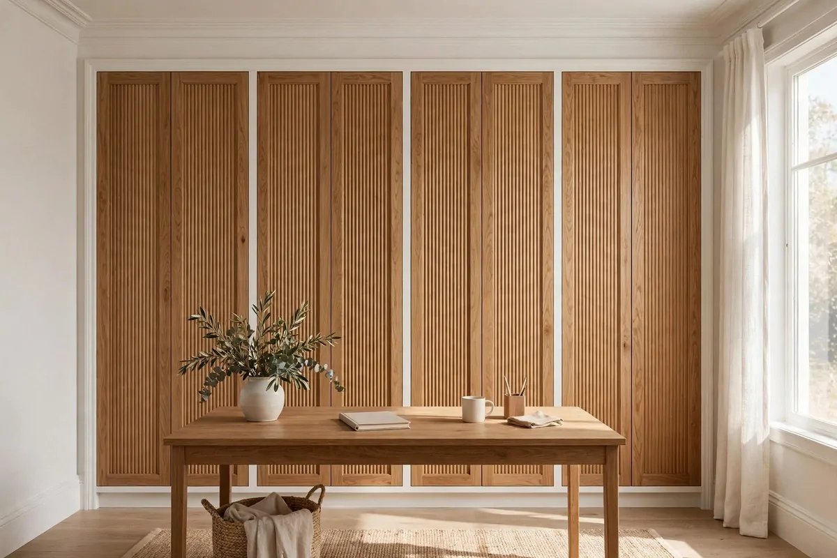 27 Ikea Office Ideas That Look Custom-Made 20 IKEA PAX wardrobes with custom fluted doors used as an office storage wall