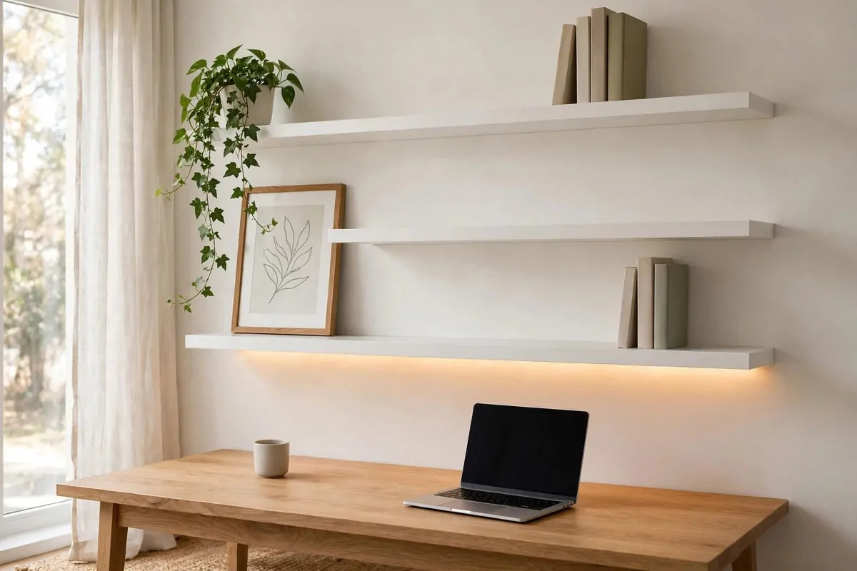27 Ikea Office Ideas That Look Custom-Made 21 IKEA LACK floating shelves styled with books and plants above a desk
