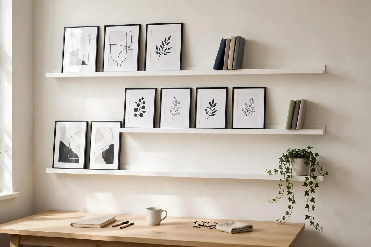 27 Ikea Office Ideas That Look Custom-Made 22 IKEA RIBBA picture ledges with framed art above a home office desk