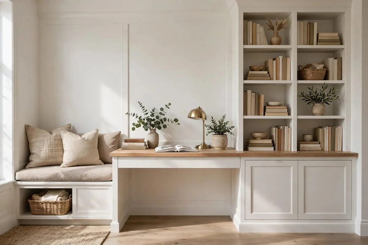27 Ikea Office Ideas That Look Custom-Made 24 Built-in home office wall with bench, desk and bookshelf as one connected unit
