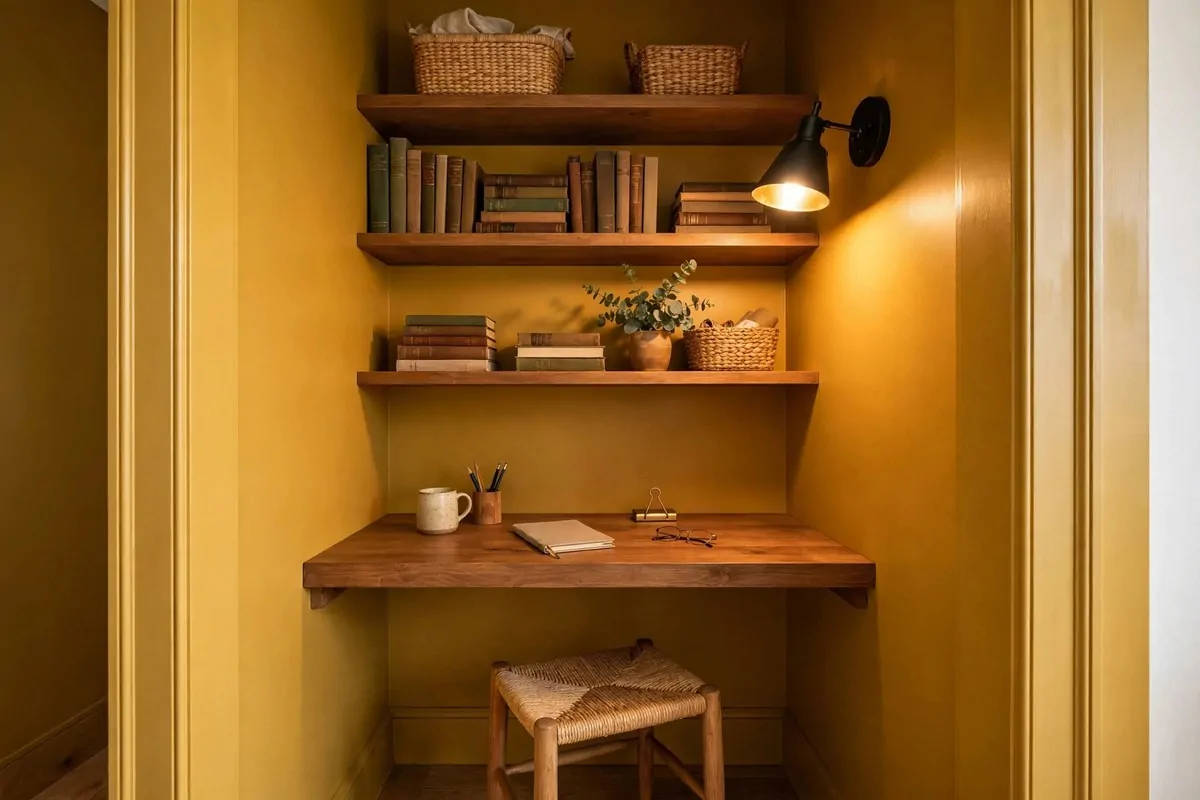 27 Ikea Office Ideas That Look Custom-Made 25 Home office closet converted into a small desk nook with shelves