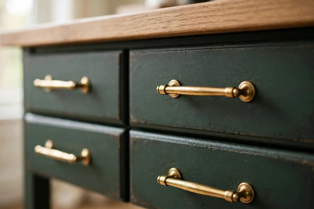 27 Ikea Office Ideas That Look Custom-Made 26 Close-up of brass statement pulls on painted IKEA drawer units in an office