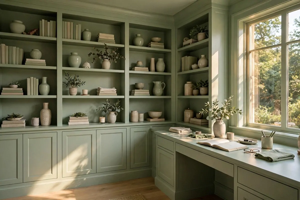 27 Ikea Office Ideas That Look Custom-Made 27 Home office painted in one soft sage green color with matching bookcases and desk