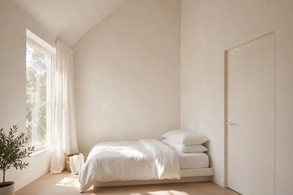 27 Small Bedroom Ideas That Feel Big and Cozy 1 Small bedroom with walls, ceiling and trim all painted the same soft white color, making the room look taller and more open