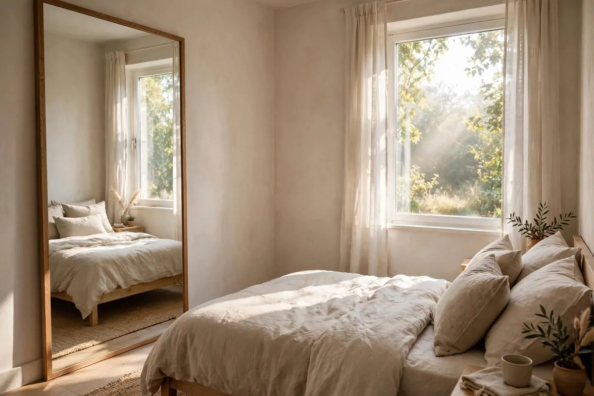 27 Small Bedroom Ideas That Feel Big and Cozy 2 Tall full-length mirror in a small bedroom placed opposite a window, reflecting daylight and making the room look twice as big