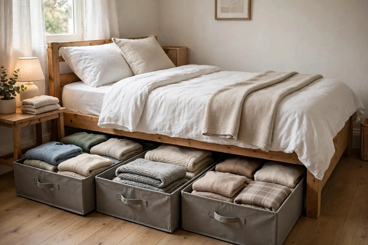27 Small Bedroom Ideas That Feel Big and Cozy 3 Bed in a small bedroom with fabric storage drawers pulled out from underneath, holding folded clothes and blankets