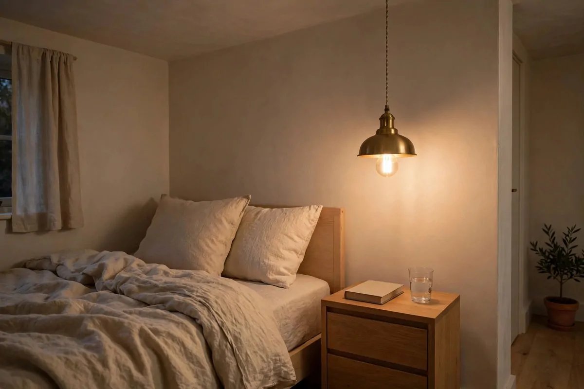 27 Small Bedroom Ideas That Feel Big and Cozy 4 Small bedroom with a pendant light hanging beside the bed instead of a table lamp, freeing up the nightstand surface